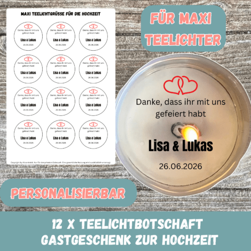 Personalisierbare Teelichtbotschaften für MAXI Teelichter als Gastgeschenk zur Hochzeit - Digitaler Download