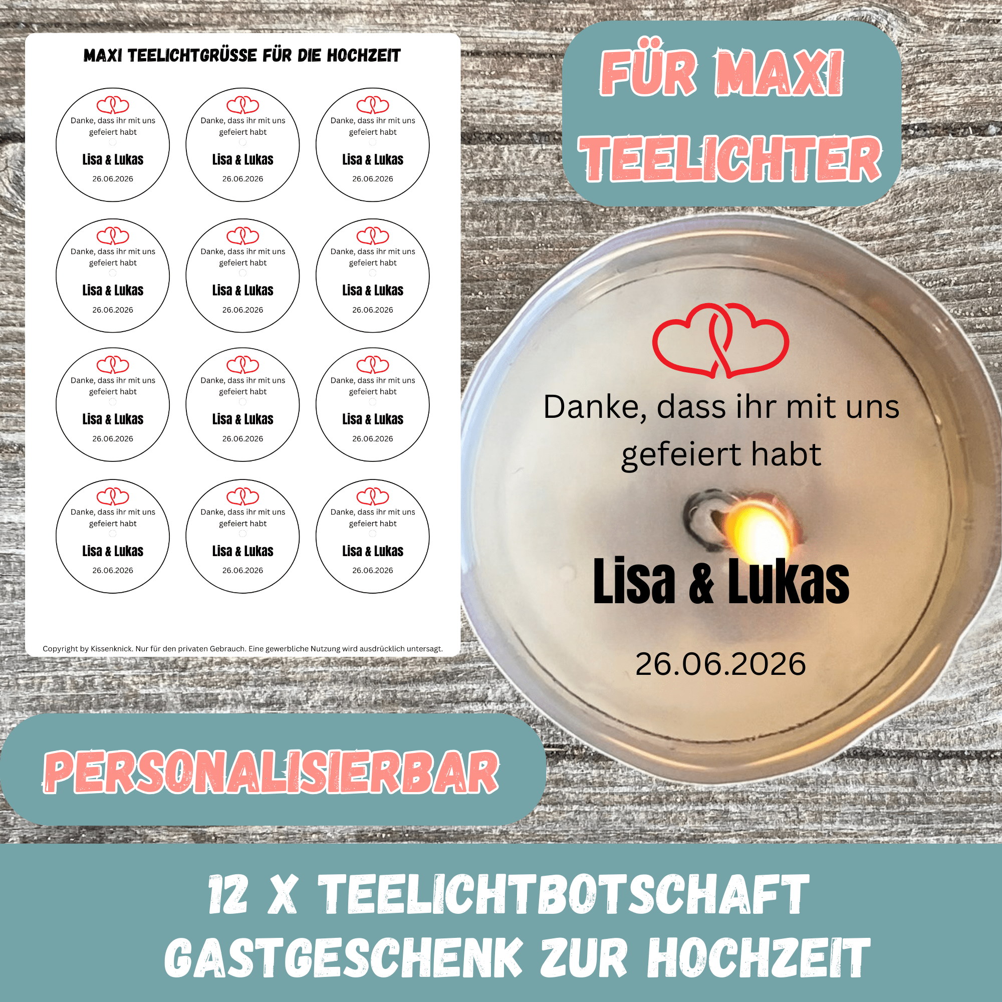 Personalisierbare Teelichtbotschaften für MAXI Teelichter als Gastgeschenk zur Hochzeit - Digitaler Download