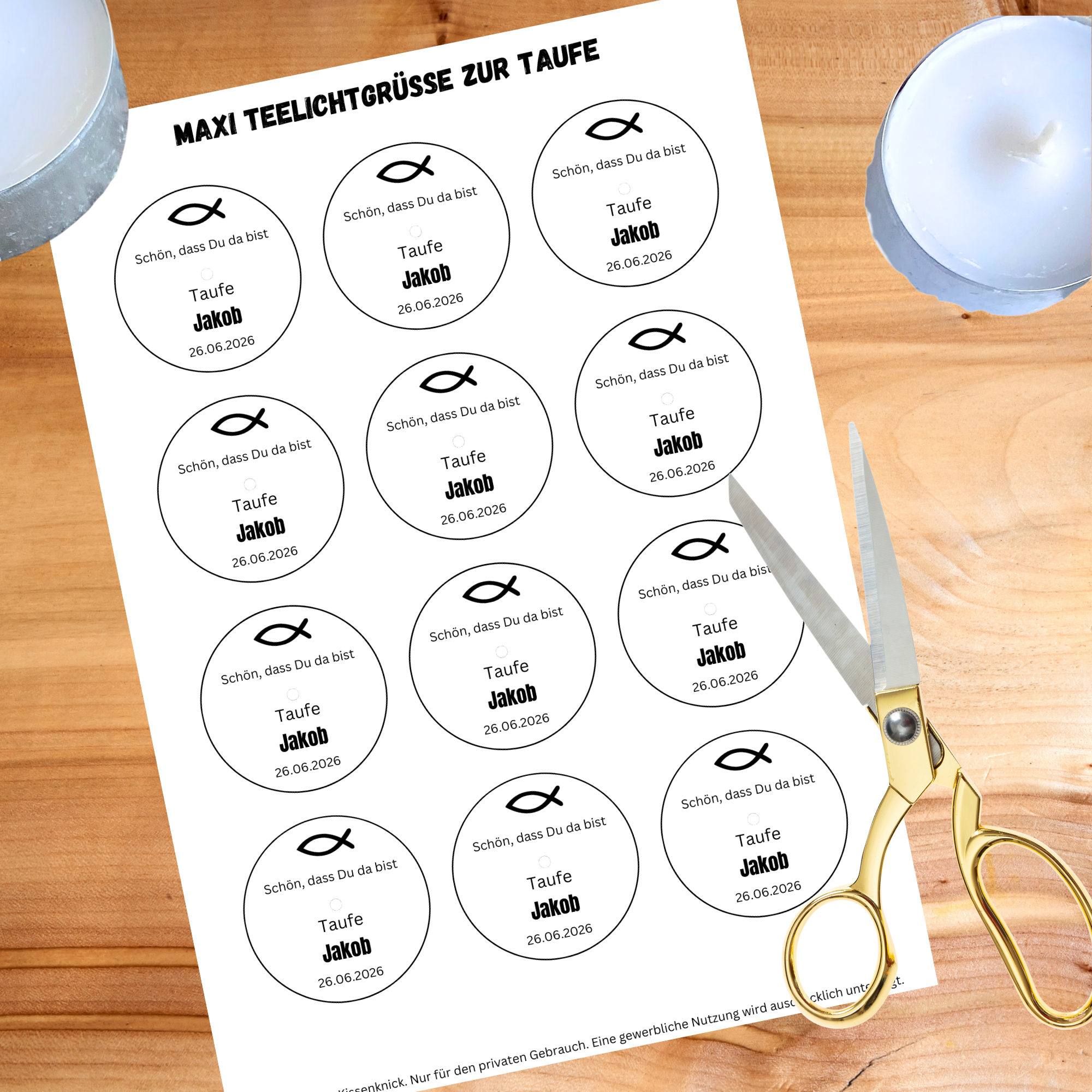 Gastgeschenk zur Taufe - Personalisierbare Teelichtbotschaften für MAXI Teelichter - Digitaler Download