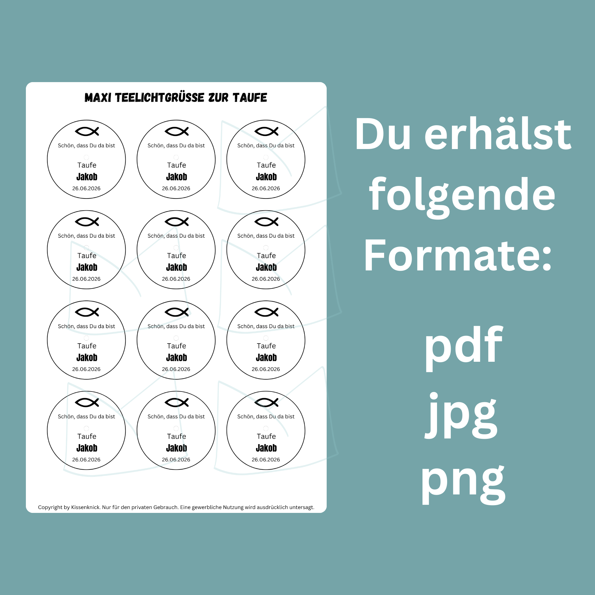 Gastgeschenk zur Taufe - Personalisierbare Teelichtbotschaften für MAXI Teelichter - Digitaler Download