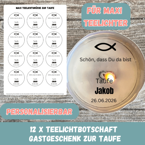 Gastgeschenk zur Taufe - Personalisierbare Teelichtbotschaften für MAXI Teelichter - Digitaler Download