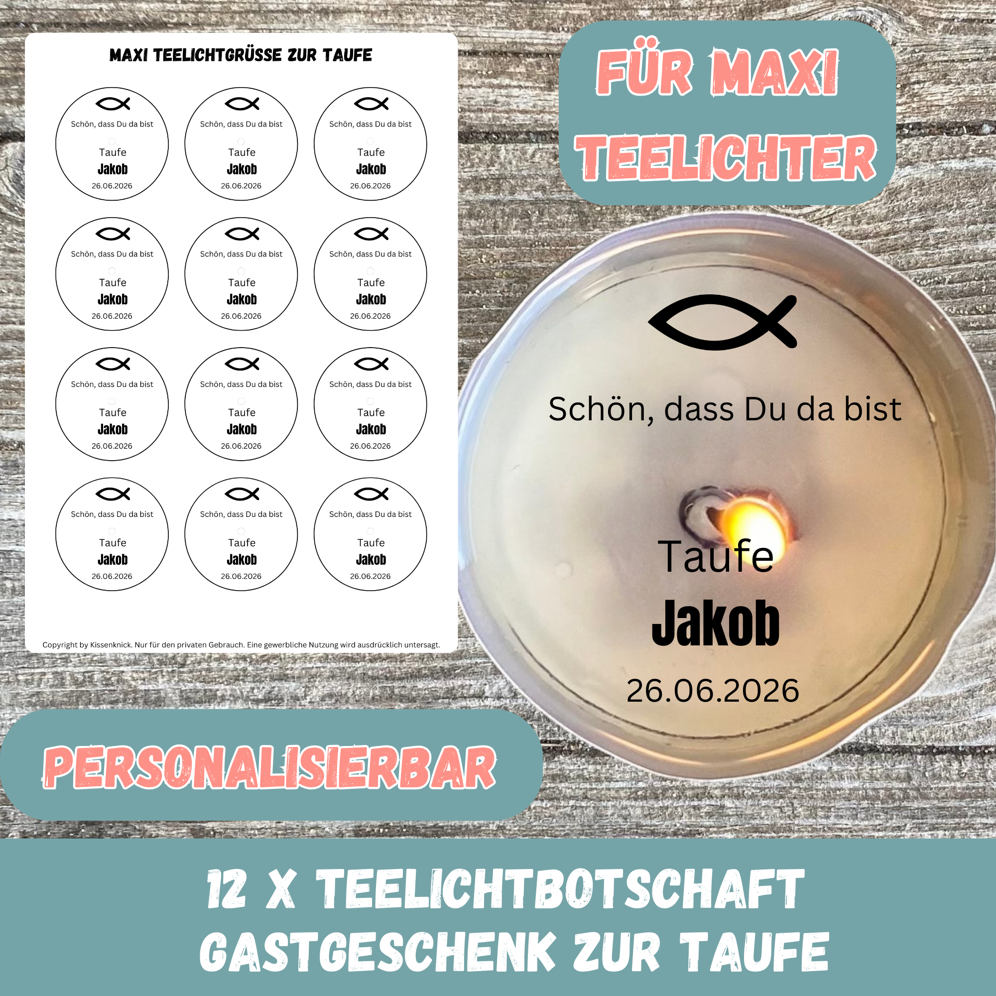 Gastgeschenk zur Taufe - Personalisierbare Teelichtbotschaften für MAXI Teelichter - Digitaler Download