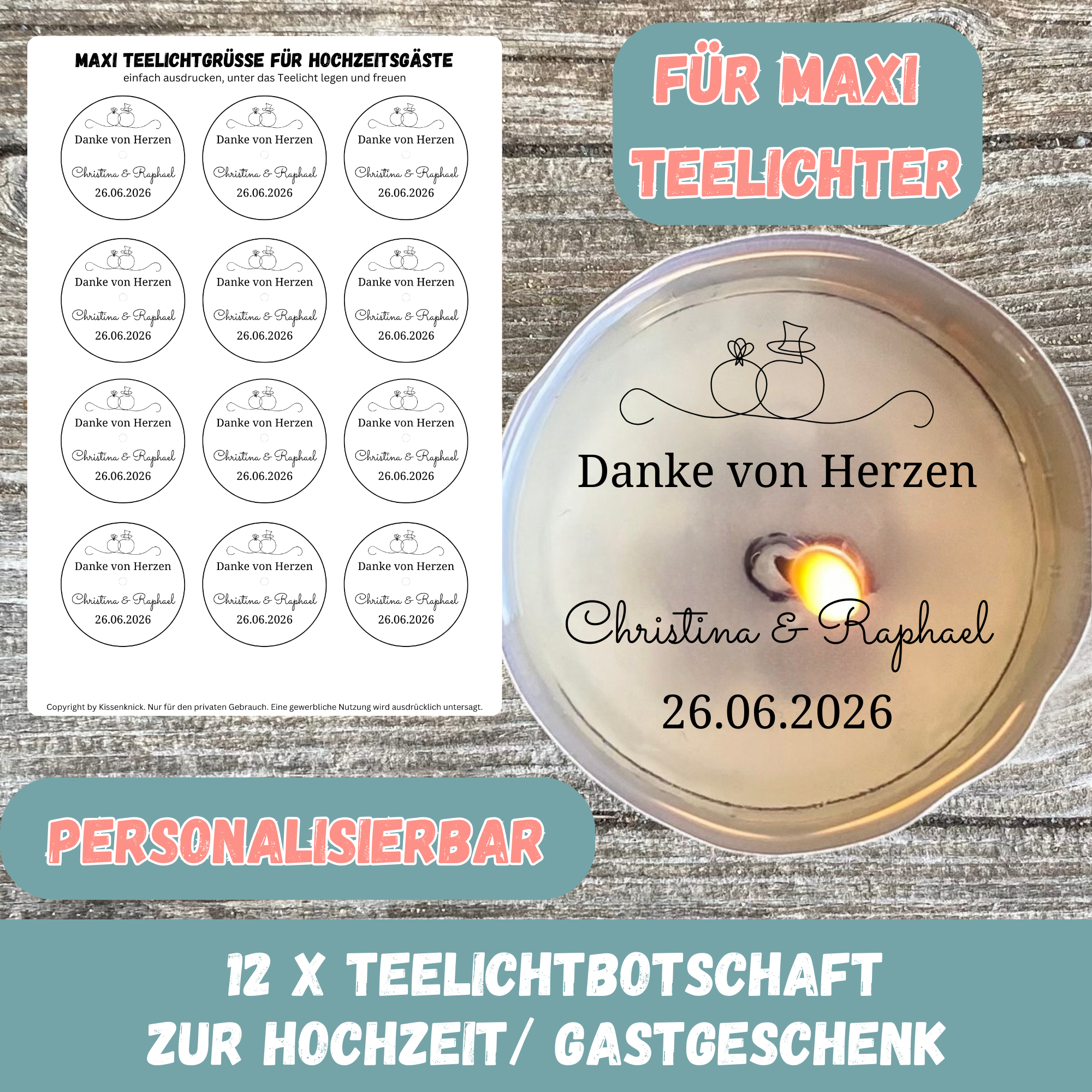 Personalisierbar - Teelicht mit Botschaft für MAXI Teelichter Gastgeschenk Hochzeit - Digitaler Download