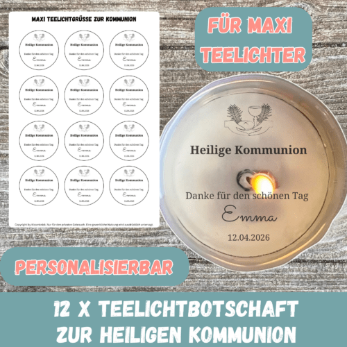 Personalisierbar - Teelicht mit Botschaft für MAXI Teelichter zur Heiligen Kommunion - Digitaler Download