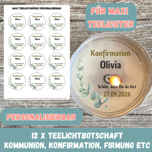 Personalisierbar - Teelicht mit Botschaft für MAXI Teelichter - Kommunion, Konfirmation, Firmung, Eukalyptus Design - Digitaler Download