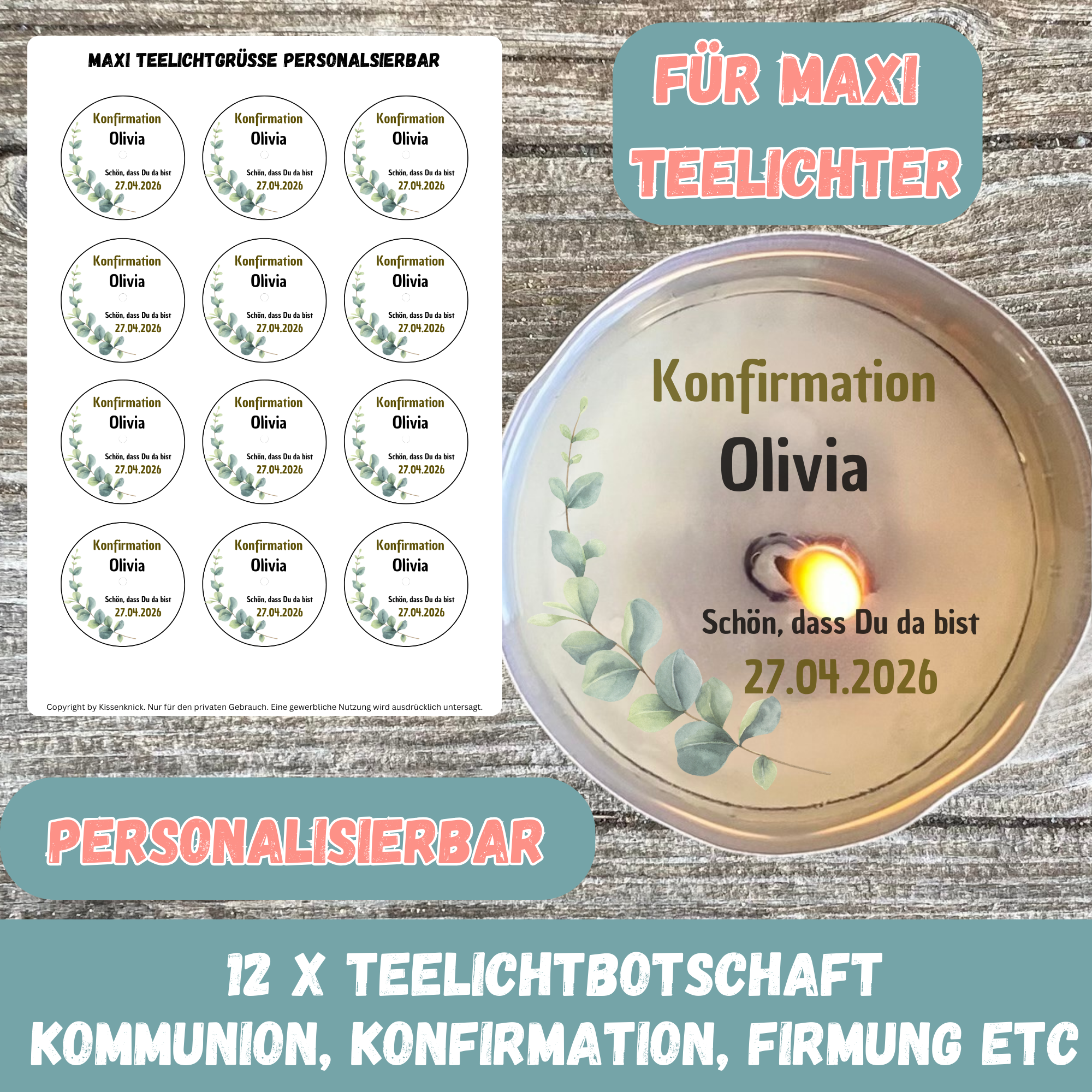 Personalisierbar - Teelicht mit Botschaft für MAXI Teelichter - Kommunion, Konfirmation, Firmung, Eukalyptus Design - Digitaler Download