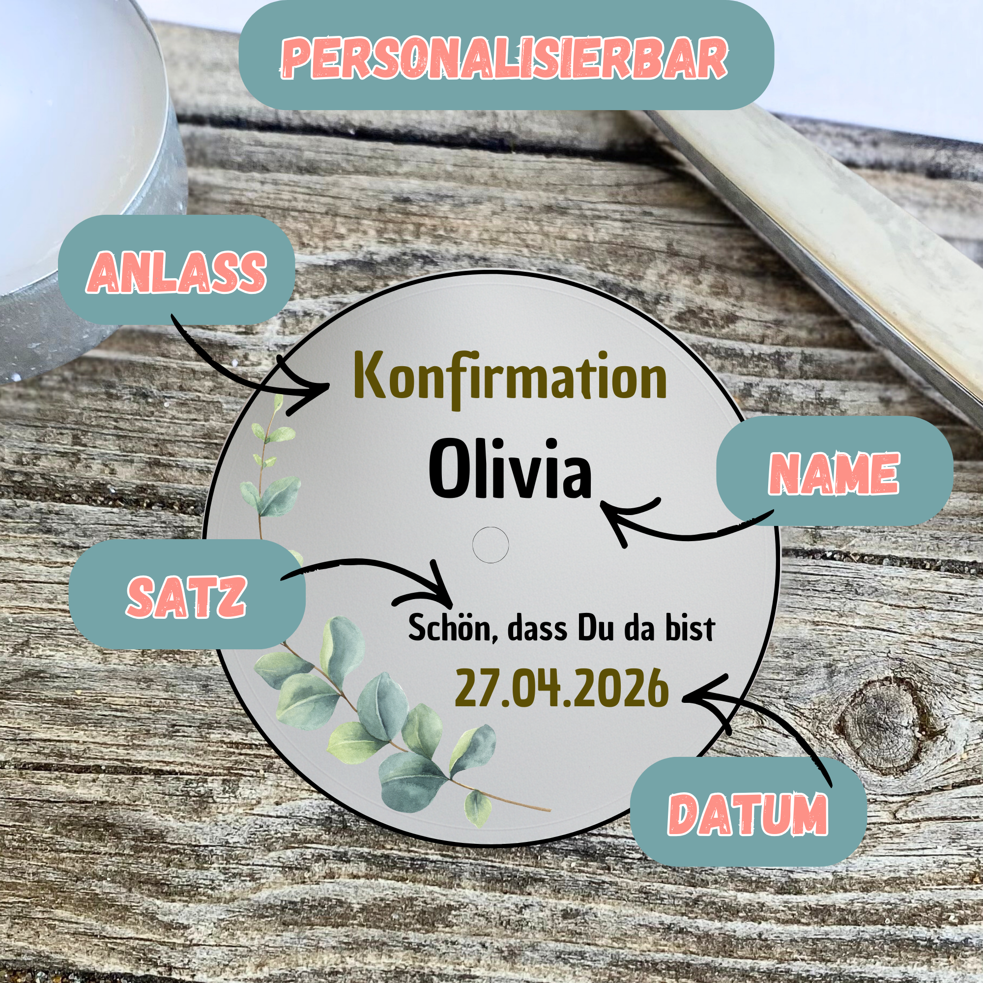 Personalisierbar - Teelicht mit Botschaft für MAXI Teelichter - Kommunion, Konfirmation, Firmung, Eukalyptus Design - Digitaler Download