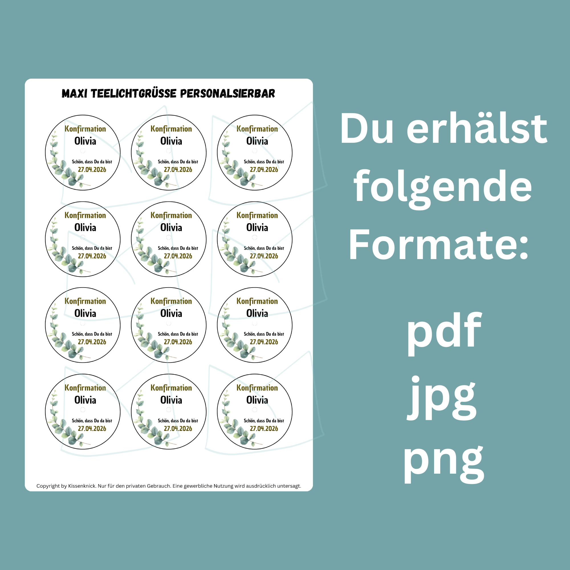 Personalisierbar - Teelicht mit Botschaft für MAXI Teelichter - Kommunion, Konfirmation, Firmung, Eukalyptus Design - Digitaler Download