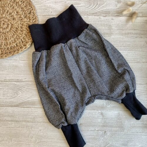 aMitwachshose Hahnentritt schwarz-weiß, Wolle breitem Bündchen für Babys und Kinder, Gr. 56/62