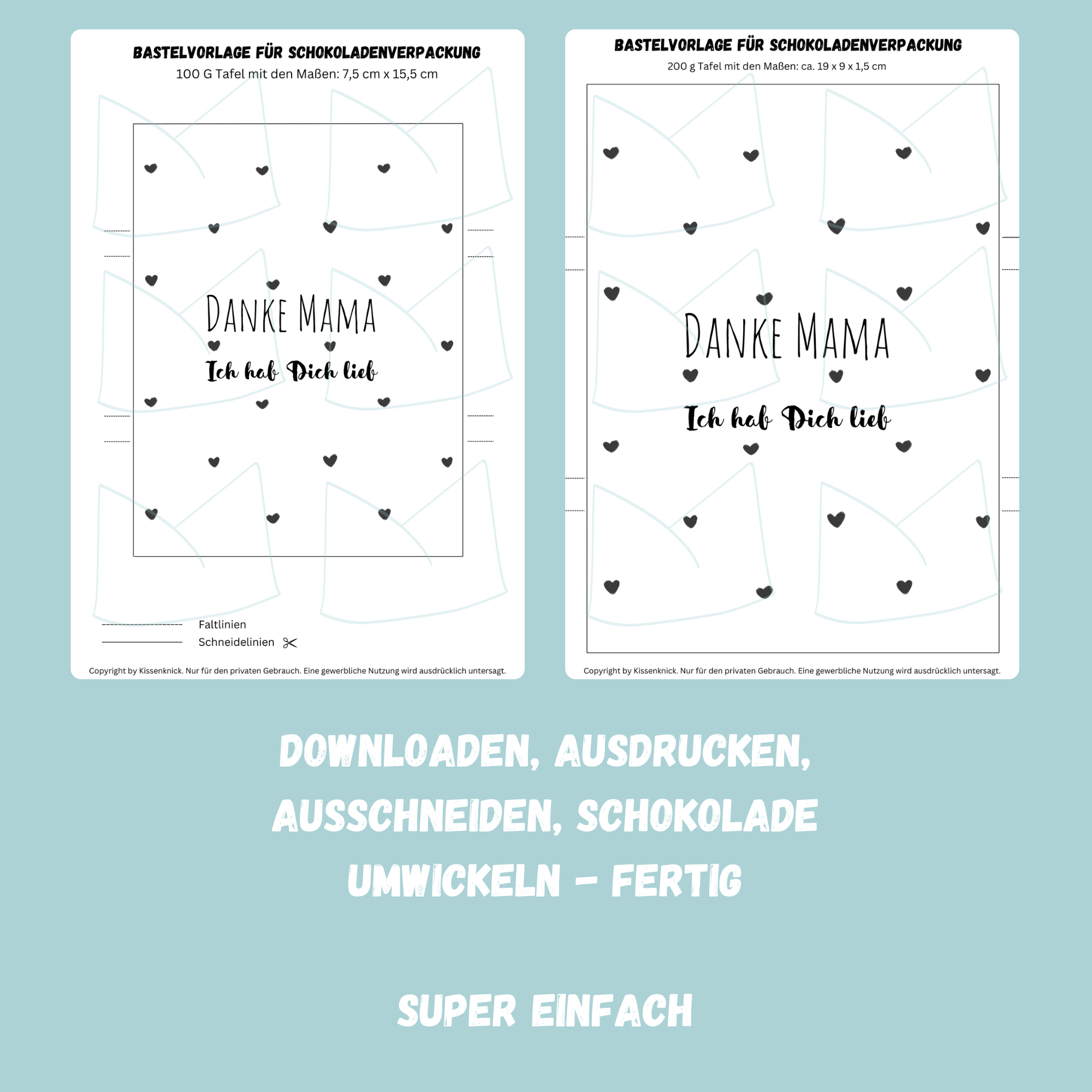 Danke Mama - Ich hab Dich lieb, Schokoladenbanderole, Verpackung für Schokolade für Deine Mama 100 g & 200 g Tafeln - Digitaler Download - PDF
