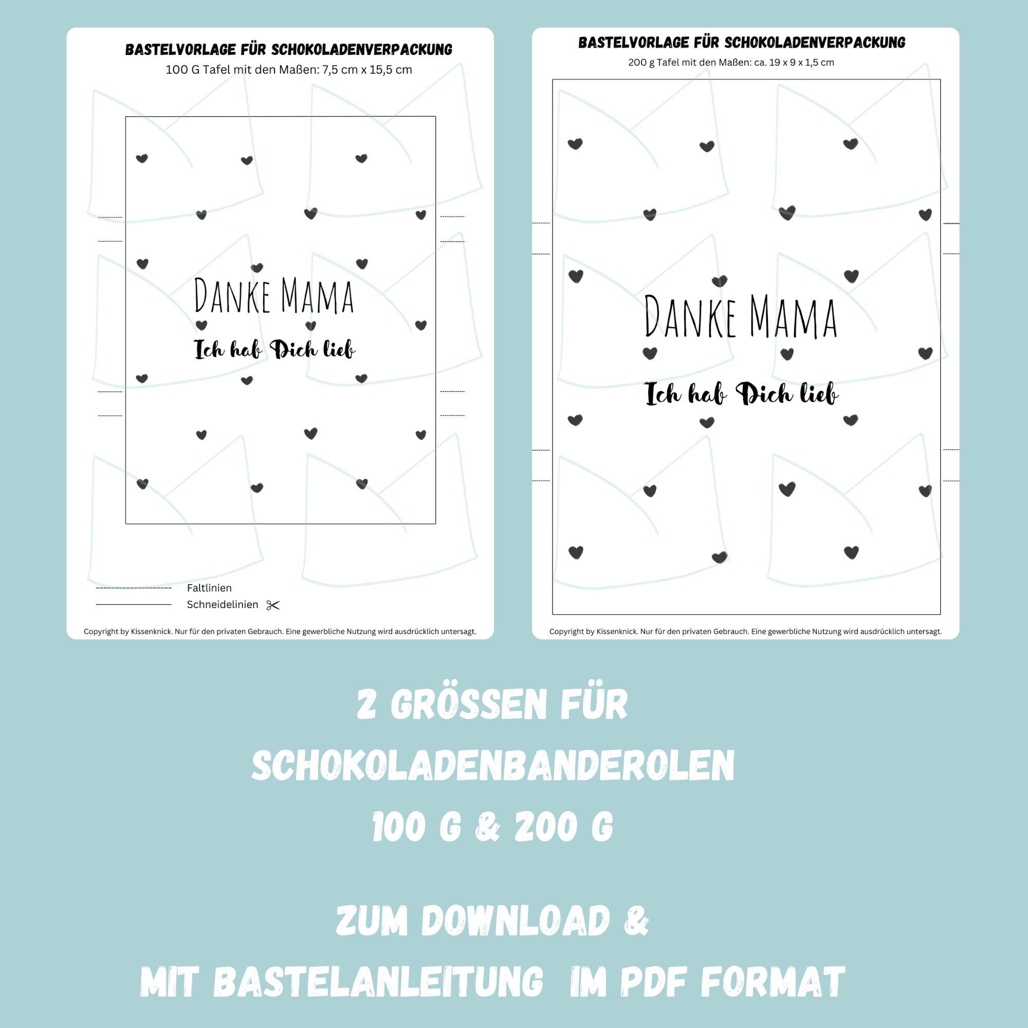 Danke Mama - Ich hab Dich lieb, Schokoladenbanderole, Verpackung für Schokolade für Deine Mama 100 g & 200 g Tafeln - Digitaler Download - PDF