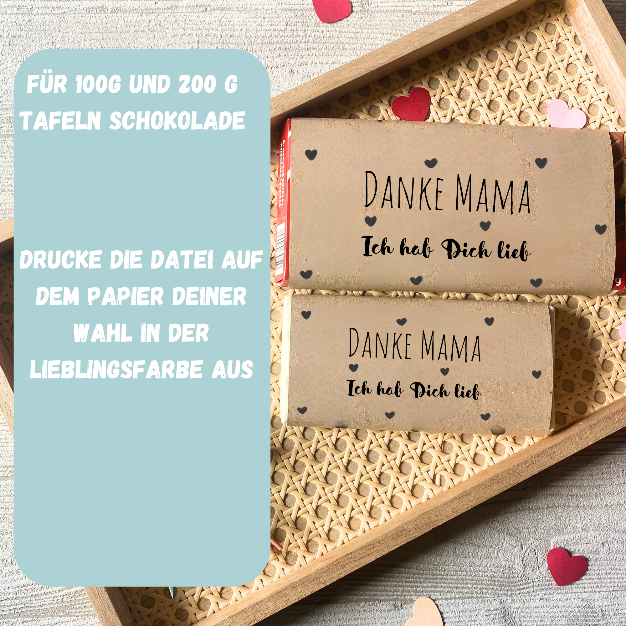 Danke Mama - Ich hab Dich lieb, Schokoladenbanderole, Verpackung für Schokolade für Deine Mama 100 g & 200 g Tafeln - Digitaler Download - PDF
