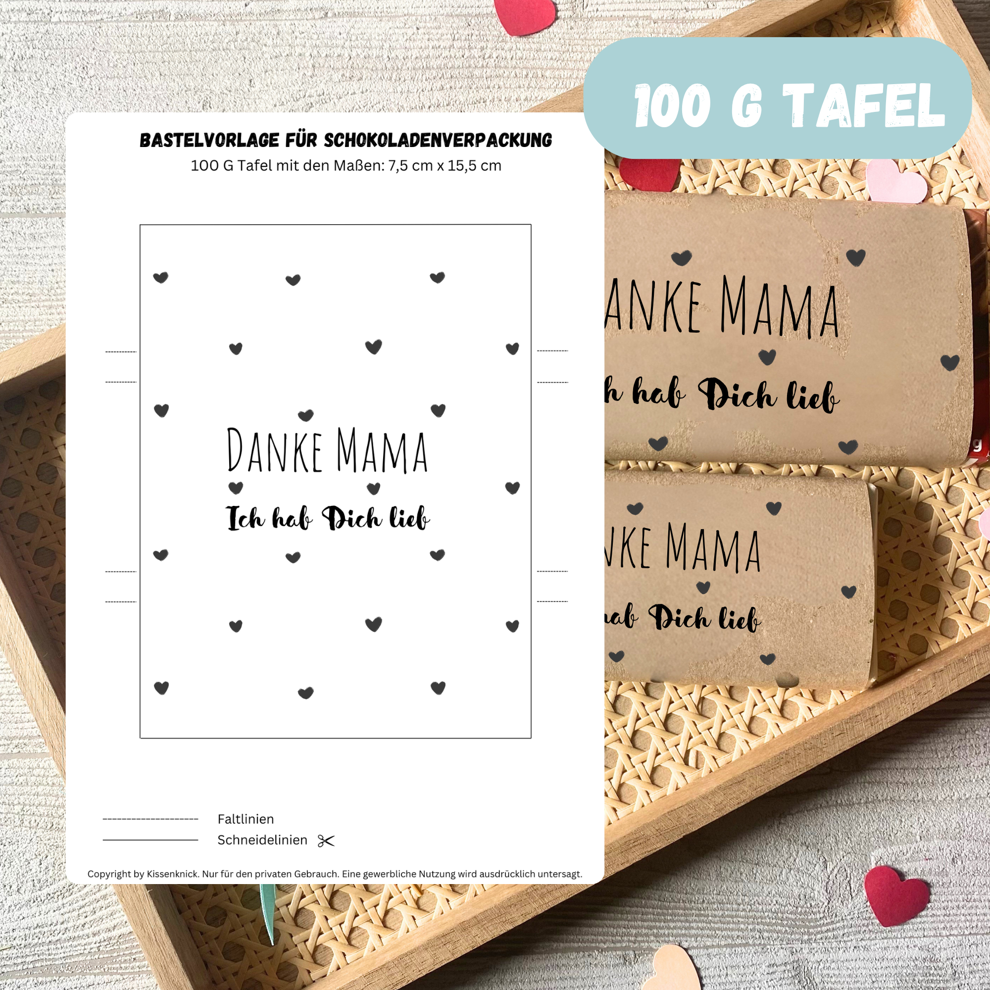 Danke Mama - Ich hab Dich lieb, Schokoladenbanderole, Verpackung für Schokolade für Deine Mama 100 g & 200 g Tafeln - Digitaler Download - PDF