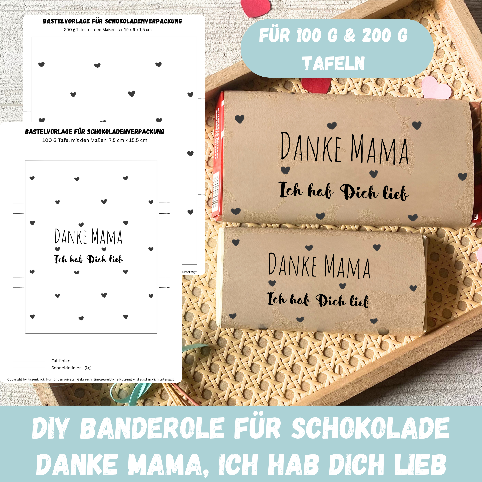 Danke Mama - Ich hab Dich lieb, Schokoladenbanderole, Verpackung für Schokolade für Deine Mama 100 g & 200 g Tafeln - Digitaler Download - PDF