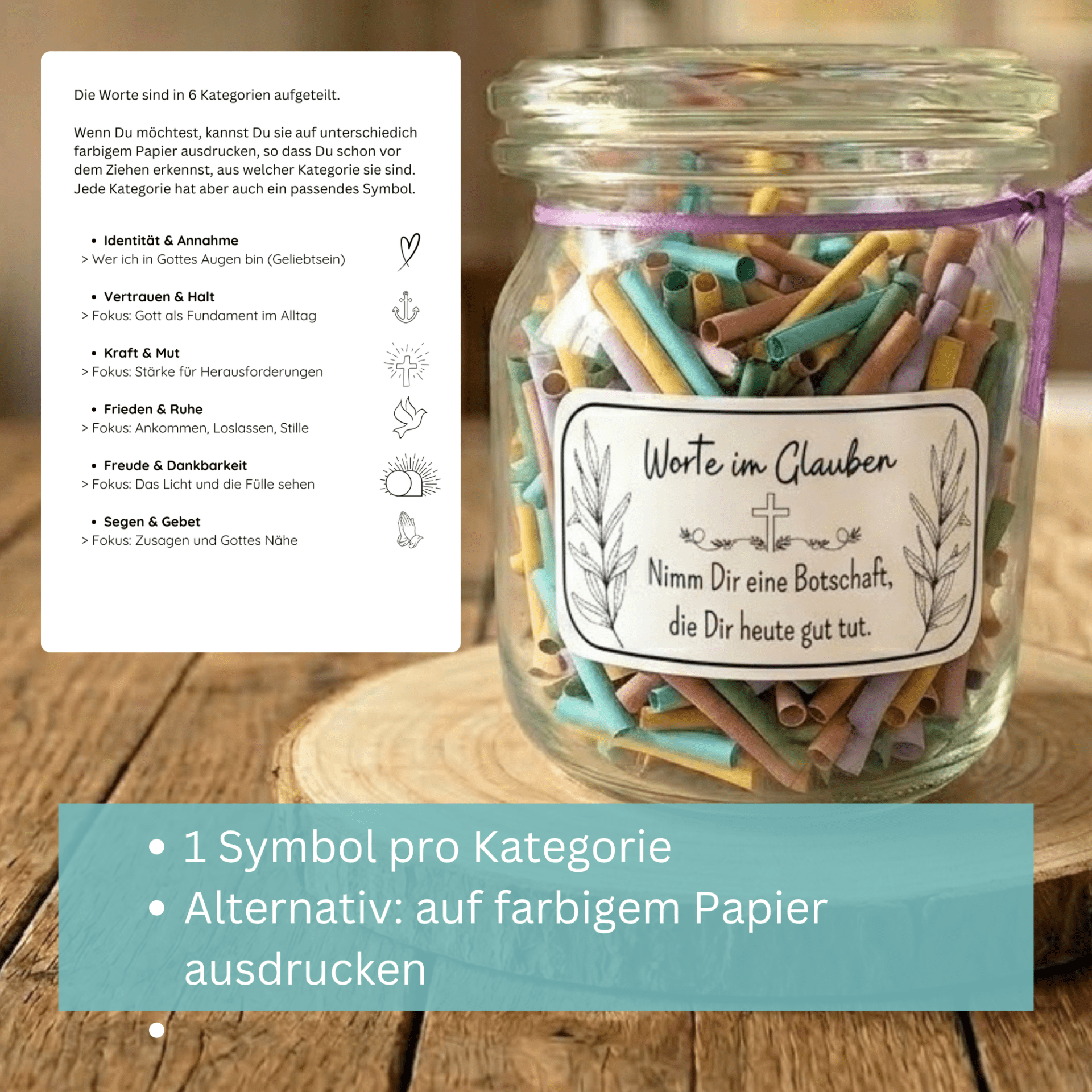 Geschenk im Glas - Worte im Glauben - christliche Impulse und Gedanken zum Ausdrucken, 6 Kategorien