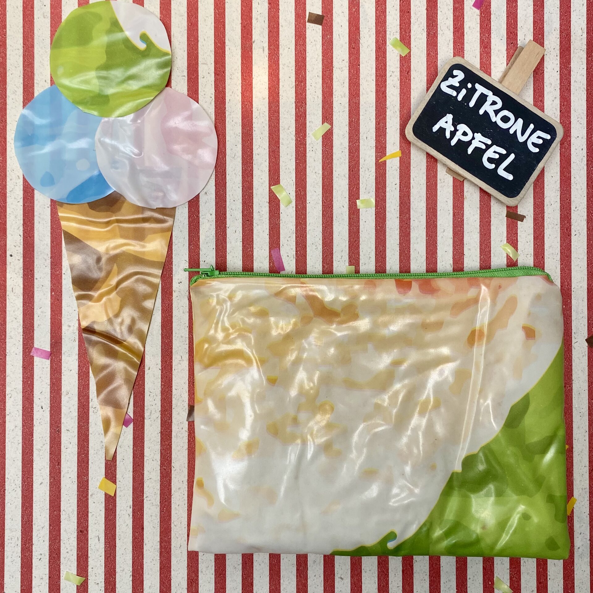 Upcycling Mäppchen aus Luftmatratze, aufblasbares Eis, Sorte: Zitrone/ Apfel, wasserabweisend